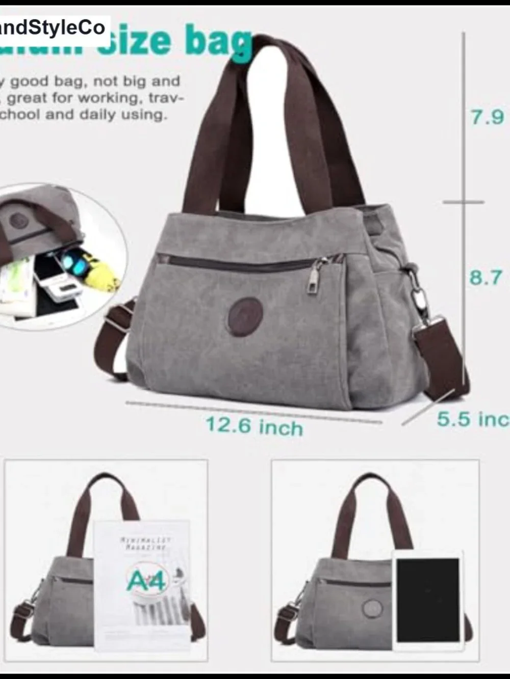 Canvas Hobo Crossbody Bag Multi Compartment Zip Pockets